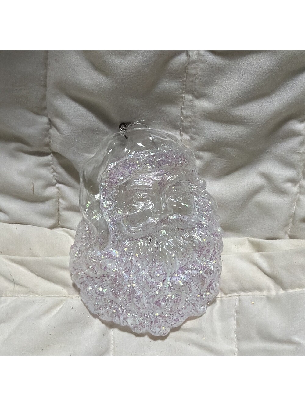 Clear Iridescent Glitter Santa Face Hanging Christmas Ornament 3 in Plastic